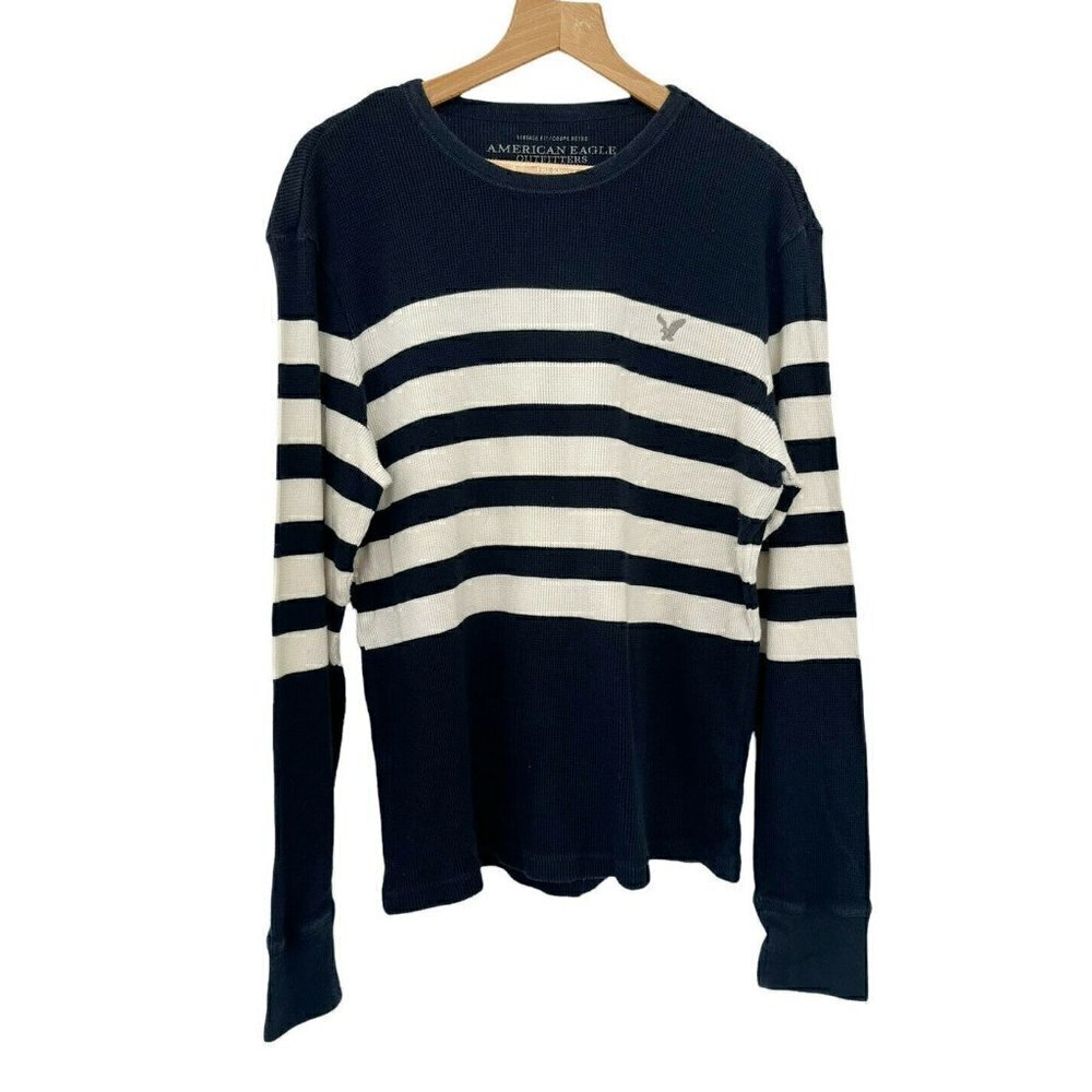 AMERICAN EAGLE Men's L Blue Off White Striped Long Sleeve Waffle Knit Sweater